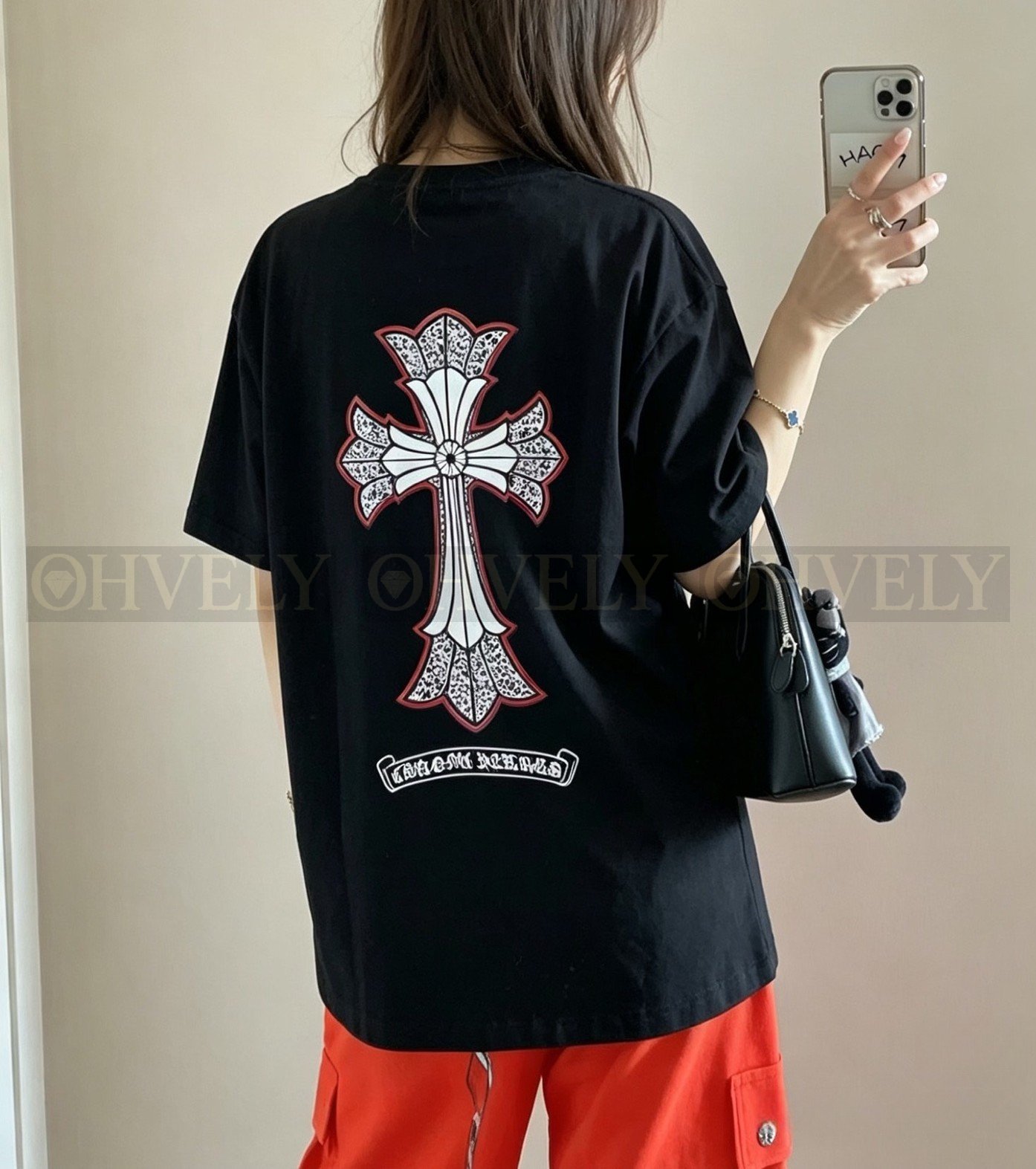 크롬하츠 더블 레이어 드롭 크로스 포켓 반팔 티셔츠 블랙